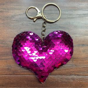 Pink/Fuchsia Sequin Heart Shaped Purse Charm or Keychain w/Extra Clip